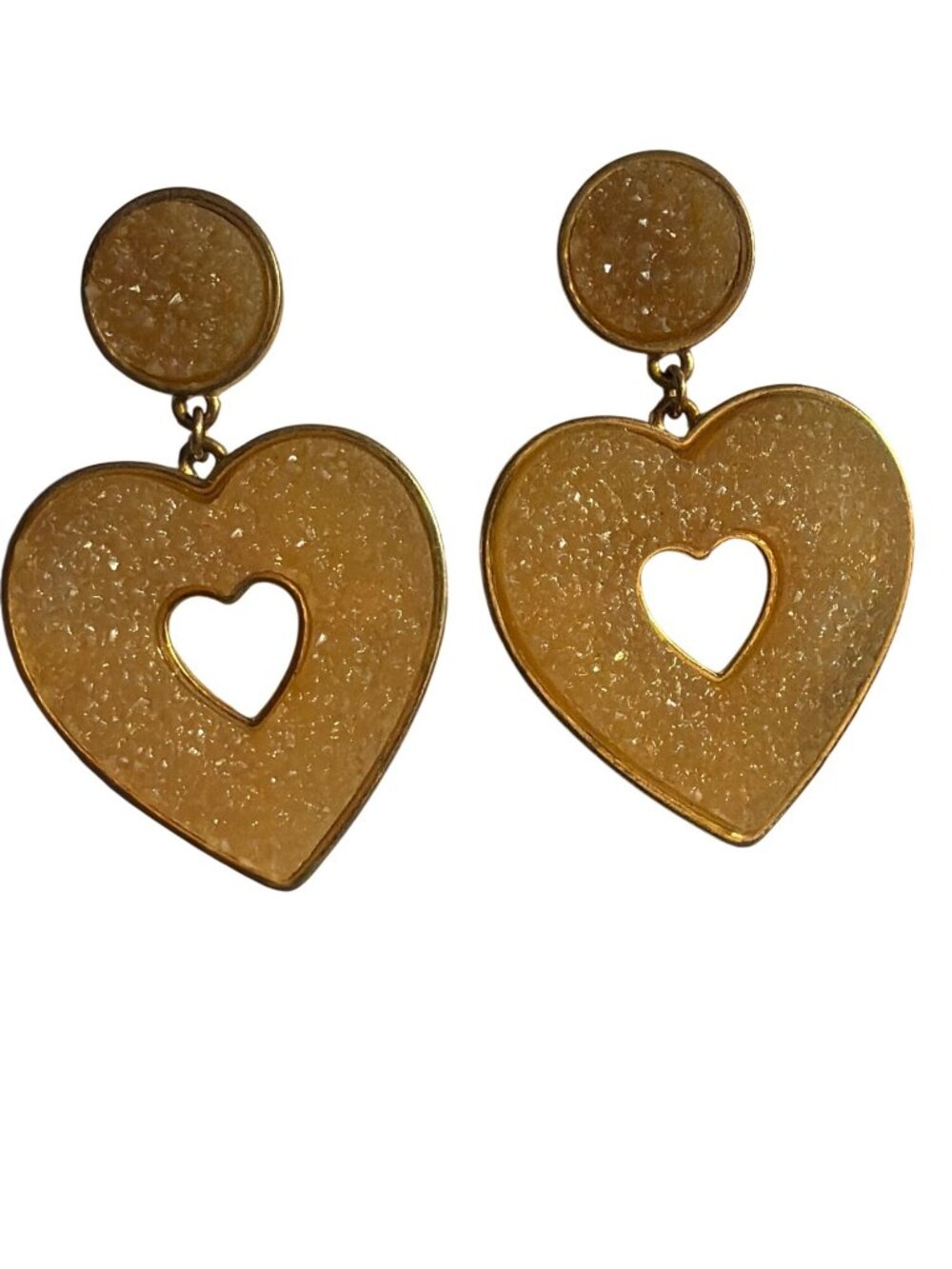 BaubleBar Gold Tone Peach Druzy Heart Drop Earrings Cutout Resin Valentine 2.25"
